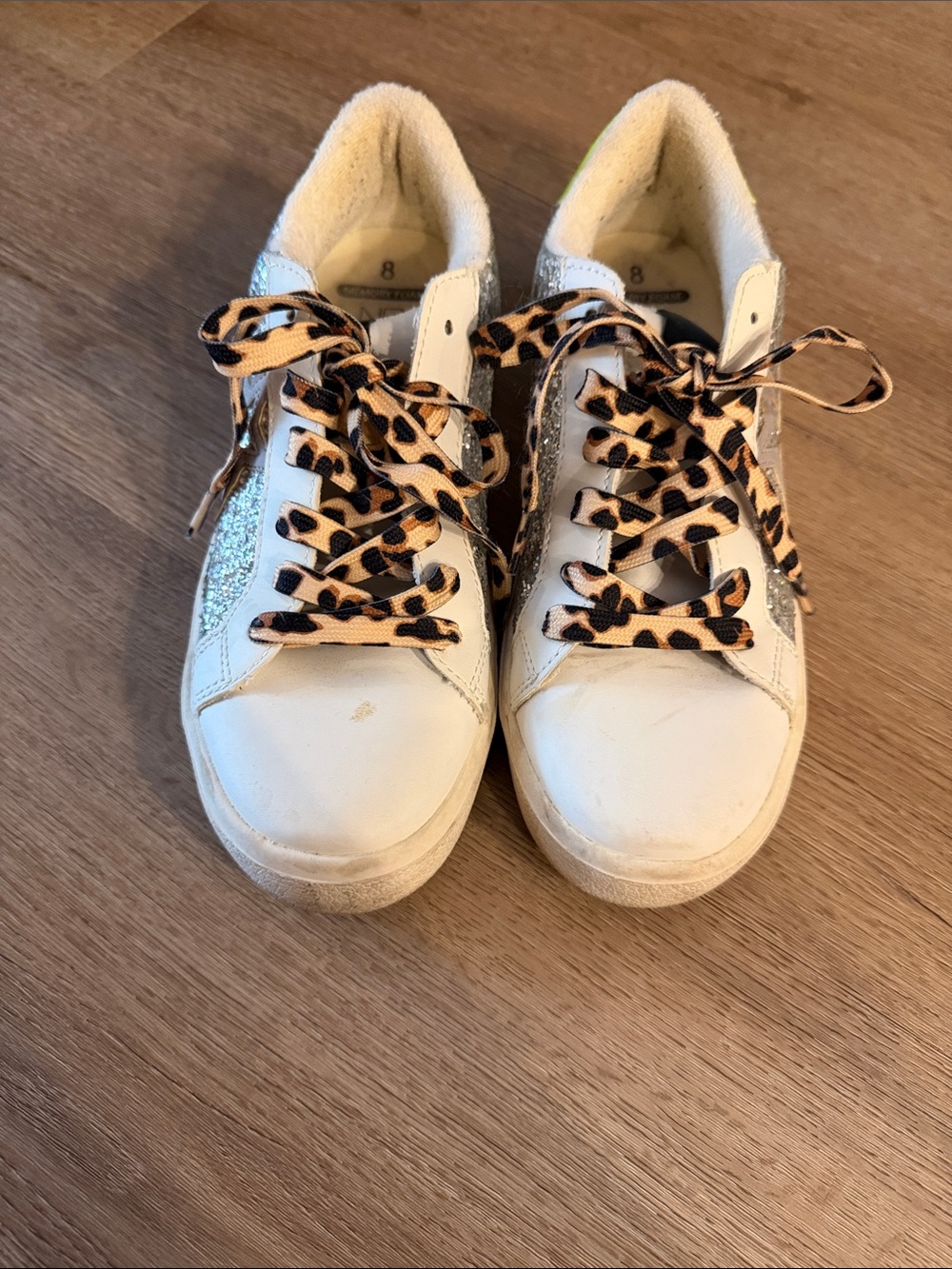 No Boundaries White Sneakers with Leopard Laces and Silver Glitter Accent